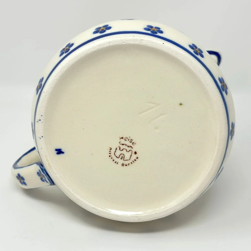 Vintage Heise Bunzlau Pitcher Squat Jug 1L/32oz Blue Daisy German Polish Pottery